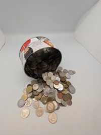Jamesons Chocolates Tin with Assorted International Coin Collection