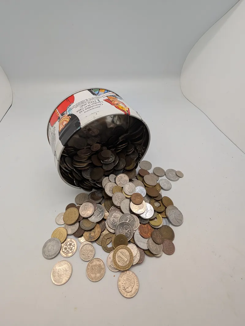 Jamesons Chocolates Tin with Assorted International Coin Collection