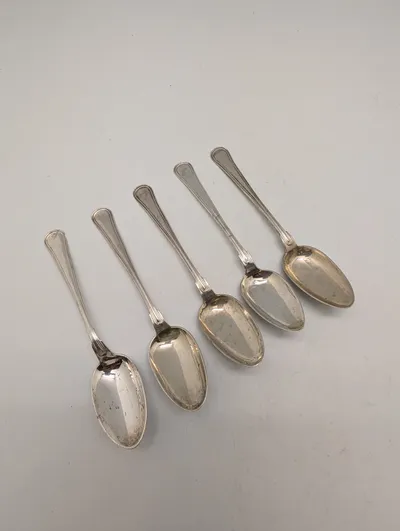 Set of 5 H. Reyreis Coin Silver Teaspoons with Monogram