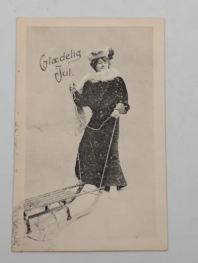 Vintage Danish Christmas Postcard, Glædelig Jul, Woman with Sled