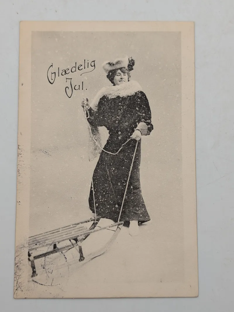 Vintage Danish Christmas Postcard, Glædelig Jul, Woman with Sled