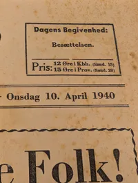 Nationaltidende Avis, 10. april 1940, Forside om Besættelsen