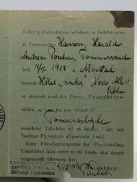 Dansk Passerseddel fra 1941 til Værløse Flyveplads, Harald Hansen