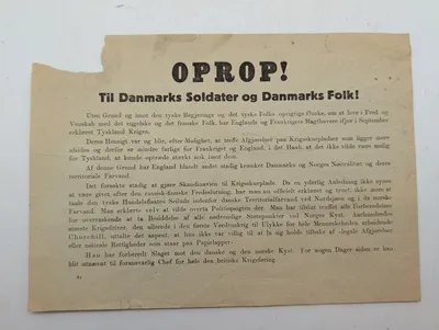 Tysk Oprop! Flyveblad til Danmarks Soldater og Danmarks Folk, 9. april 1940