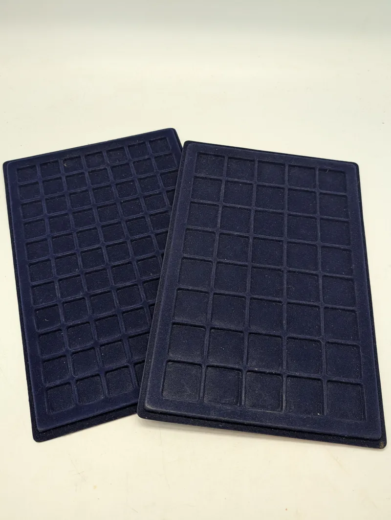 Pair of Navy Blue Velvet Coin/ Medal  Display Trays with Multi-Compartment Grids