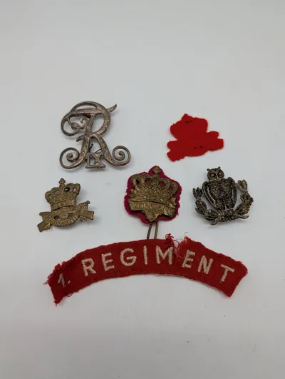 Samling af danske militære emblemer og distinktioner, herunder 1. Regiment