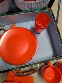 Vintage Mid-Century Picnic Set in Fitted Suitcase with Red Melamine Tableware