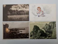 Set of Four Vintage Postcards Featuring Landscapes and Illustration