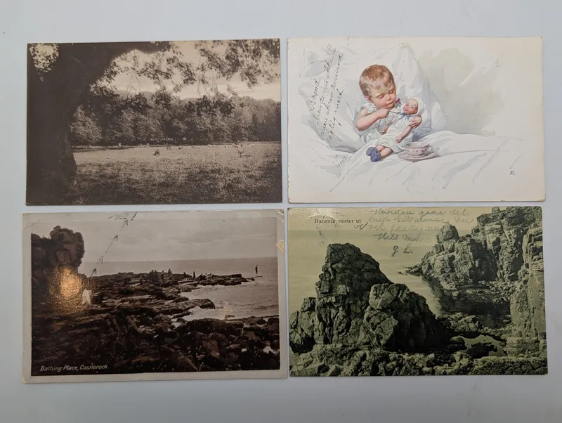 Set of Four Vintage Postcards Featuring Landscapes and Illustration