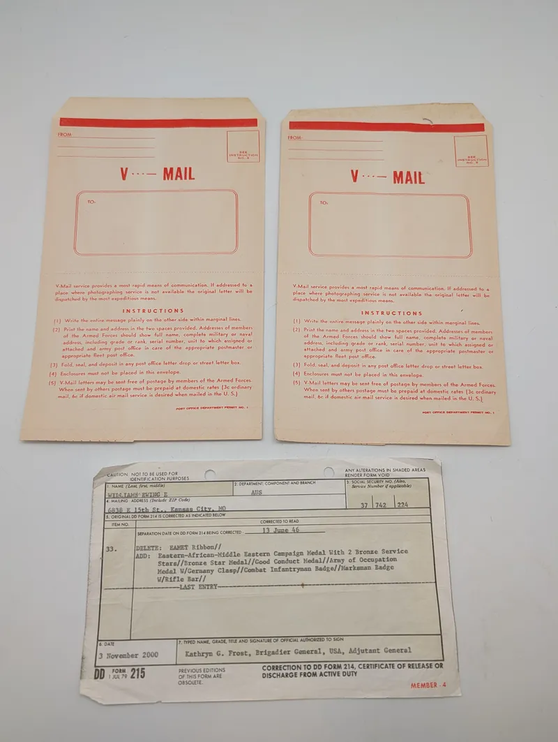 WWII V-Mail Envelopes and DD Form 215 Correction Document