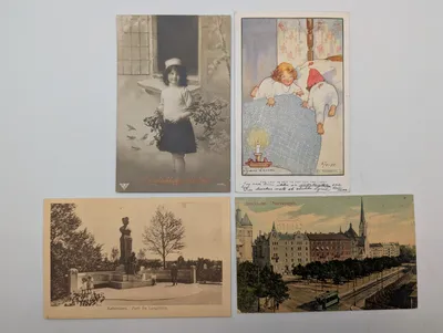 Set of Four Vintage European Postcards including Agnes Richardson Illustration