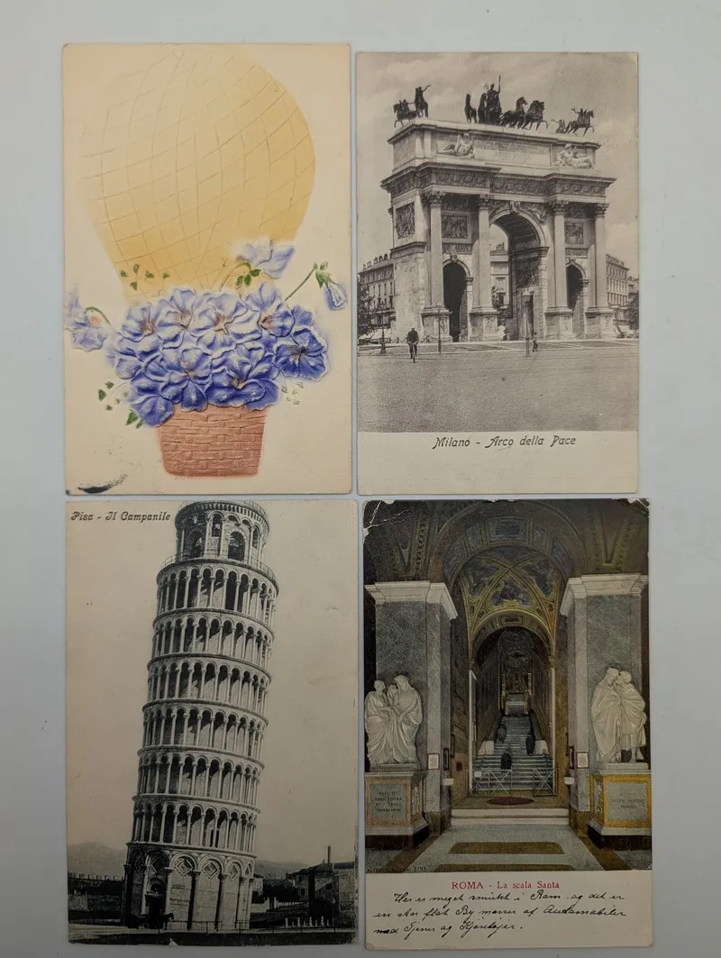 Set of Four Vintage Italian Postcards featuring Milan, Pisa, and Rome