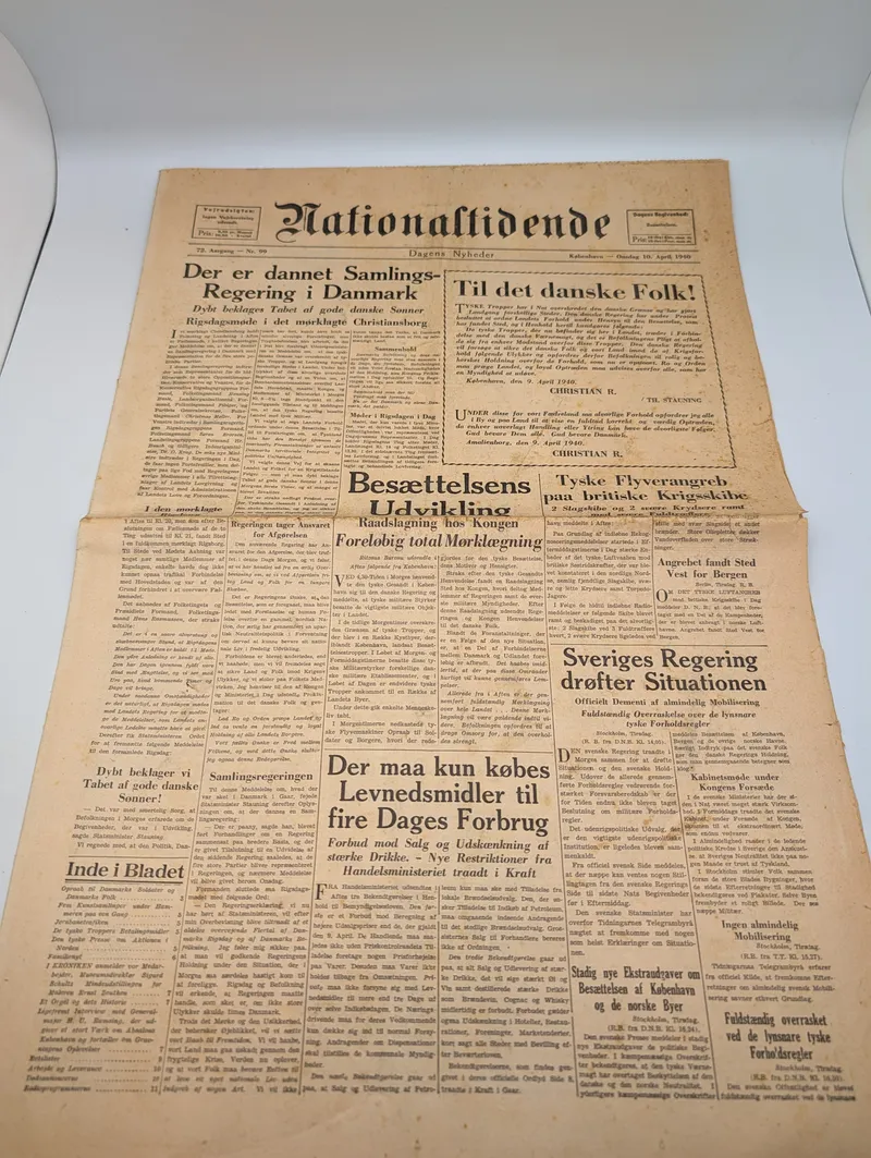 Nationaltidende Avis, 10. april 1940, Forside om Besættelsen