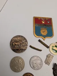 Samling af vintage emblemer, mønter og medaljer
