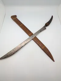 Southeast Asian Parang Machete with Stag Horn Hilt and Wooden Scabbard