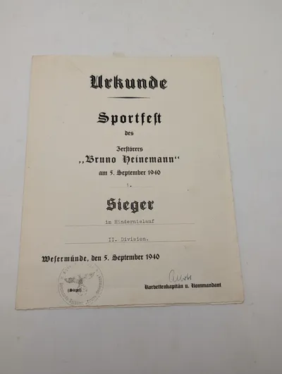Tysk militær sportsdiplom fra 1940, Zerstörer Bruno Heinemann
