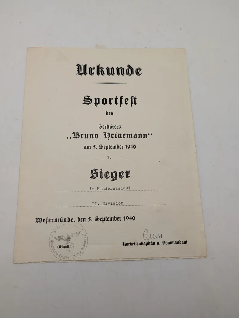 Tysk militær sportsdiplom fra 1940, Zerstörer Bruno Heinemann