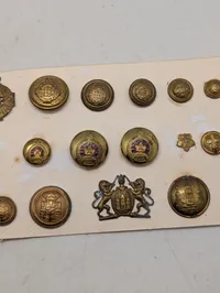 Samling af antikke og vintage militære knapper og emblemer