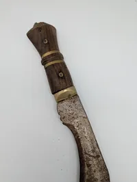 Antique Nepalese Kukri Knife with Carved Wood and Brass Handle