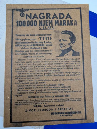 Tysk WWII Efterlysningsplakat for Josip Broz Tito optryk 