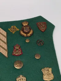Samling af danske militære distinktioner og emblemer på grønt filt