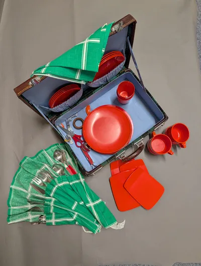 Vintage Mid-Century Picnic Set in Fitted Suitcase with Red Melamine Tableware
