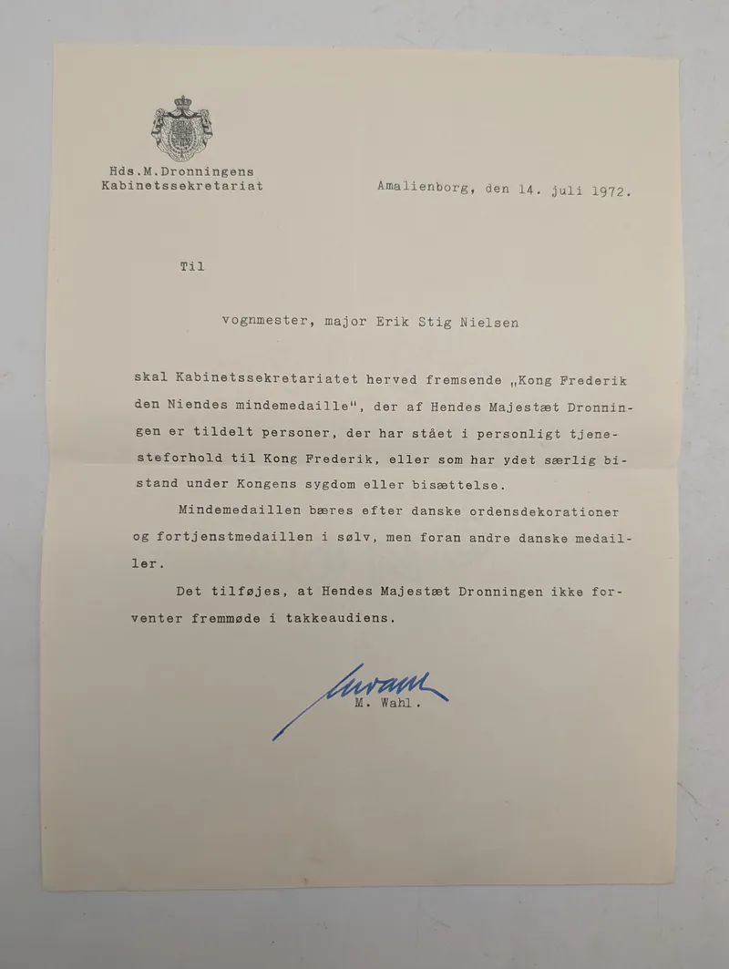 Dansk kongeligt tildelingsbrev, Kong Frederik IX's Mindemedalje, 1972