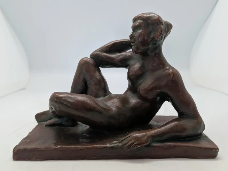 Mid-Century Modernist Terracotta Reclining Nude Sculpture by P. Markke