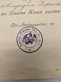 Tysk WWI Foreløbigt Bevis for Jernkorset af 2. Klasse, 1916
