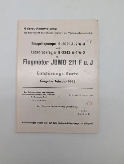 1943 Junkers Jumo 211 F/J Aircraft Engine Technical Instruction Manual