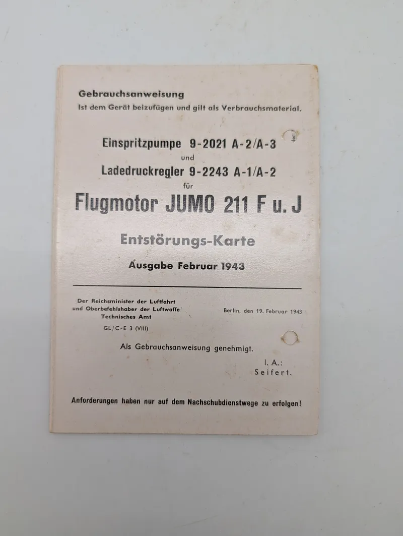 1943 Junkers Jumo 211 F/J Aircraft Engine Technical Instruction Manual