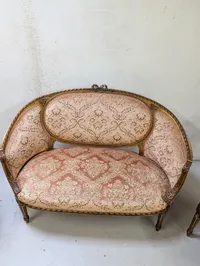 Fransk Louis XVI-stil salonmøbelsæt med forgyldt træ og brokadevævning