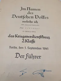 Tysk Krigsfortjenestekors 2. Klasse Tildelingsbevis til Paul Schröder, 1941