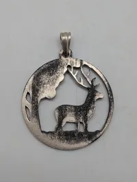 Vintage Silver-Tone Stag and Tree Openwork Circular Pendant