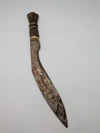 Antique Nepalese Kukri Knife with Carved Wood and Brass Handle