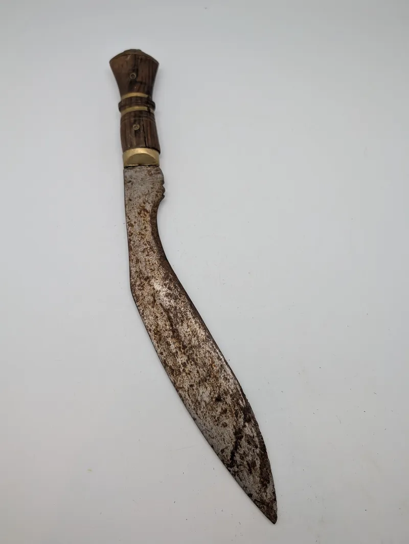 Antique Nepalese Kukri Knife with Carved Wood and Brass Handle