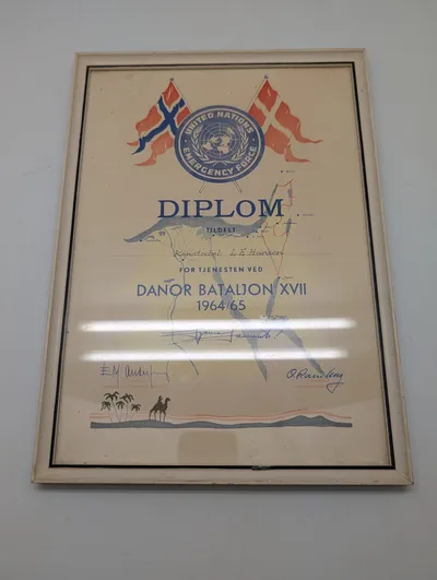 Diplom for tjeneste ved DANOR Bataljon XVII 1964/65, FN UNEF