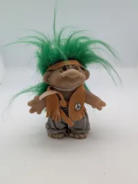 Vintage Russ Berrie Hippie Troll Doll with Green Hair and Peace Sign Vest