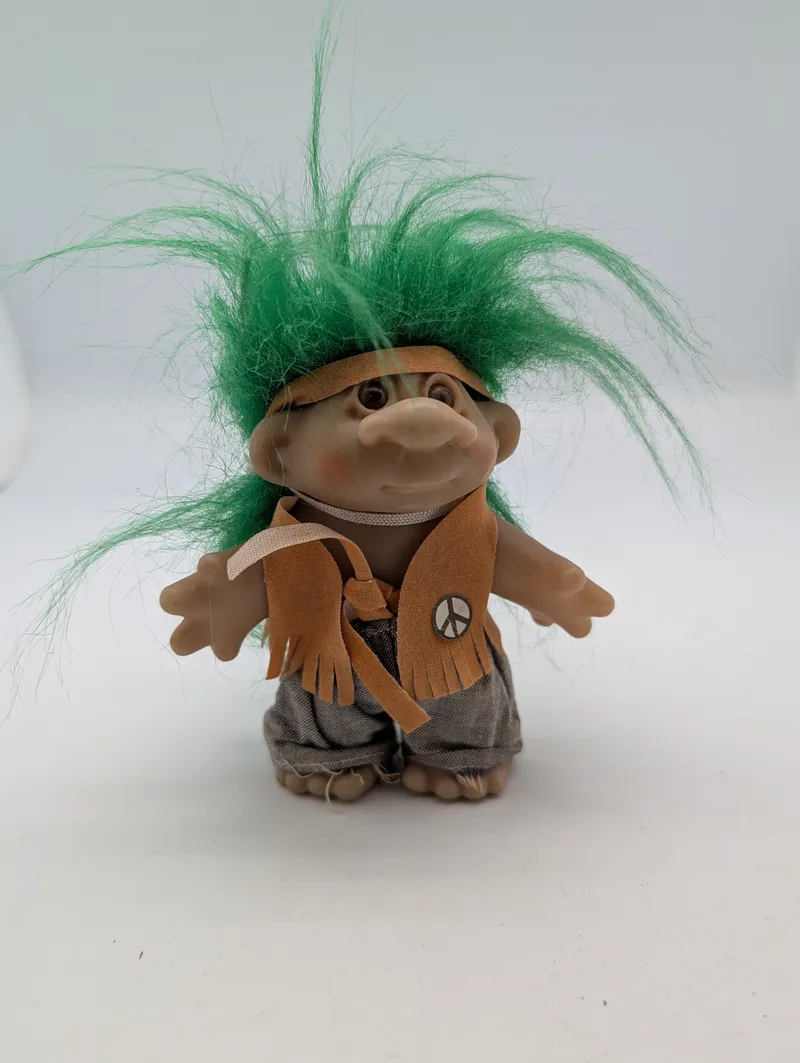 Vintage Russ Berrie Hippie Troll Doll with Green Hair and Peace Sign Vest