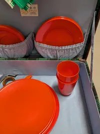 Vintage Mid-Century Picnic Set in Fitted Suitcase with Red Melamine Tableware