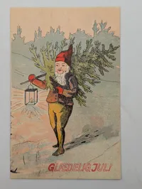 Vintage Norwegian Christmas Postcard with Nisse and Lantern