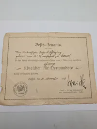 Tysk WWI Besitz-Zeugnis for Såretmærke i Sort, 1918