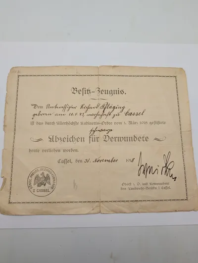 Tysk WWI Besitz-Zeugnis for Såretmærke i Sort, 1918