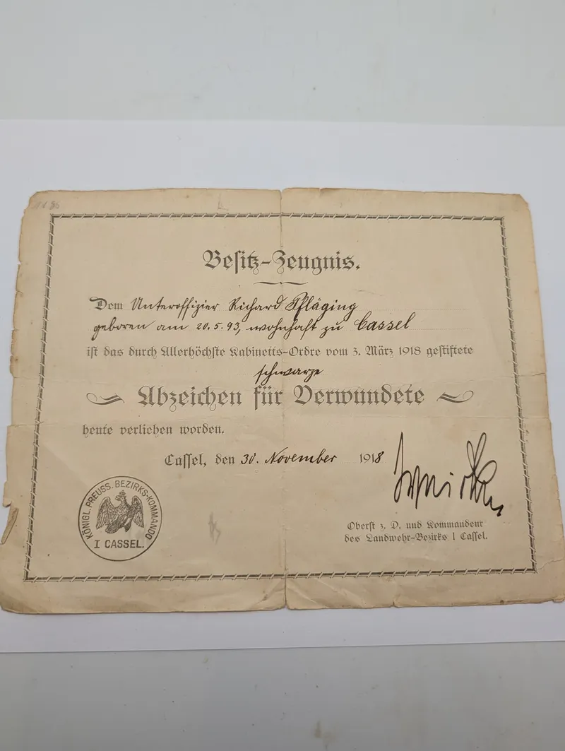 Tysk WWI Besitz-Zeugnis for Såretmærke i Sort, 1918