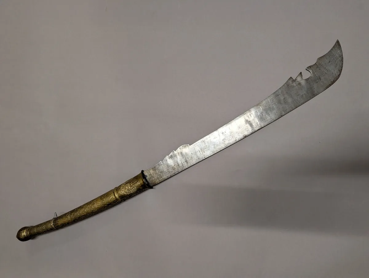 Antique Southeast Asian Cleaver-Style Sword with Embossed Brass Hilt