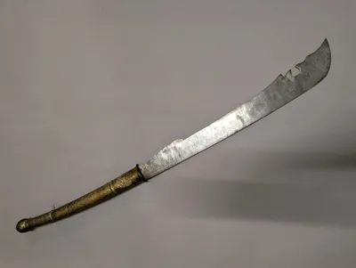 Antique Southeast Asian Cleaver-Style Sword with Embossed Brass Hilt