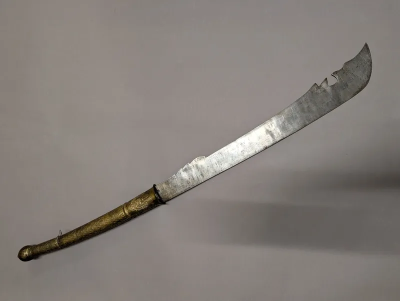 Antique Southeast Asian Cleaver-Style Sword with Embossed Brass Hilt