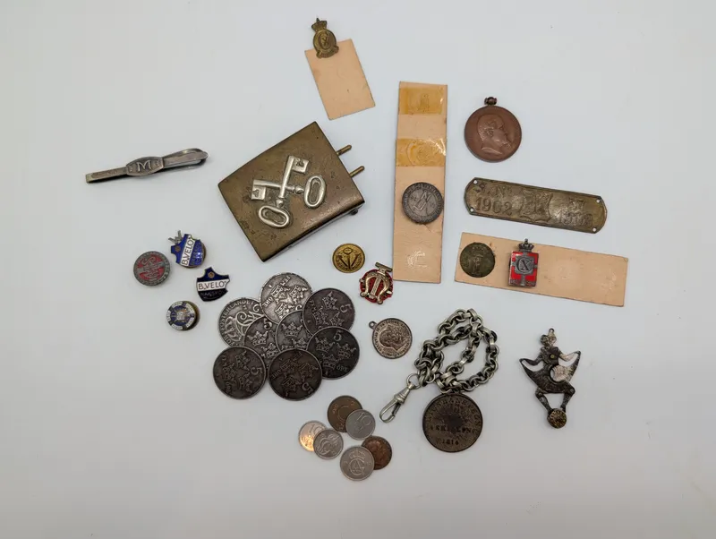 Collection of Vintage Danish Military and Commemorative Medals, Pins, and Coins
