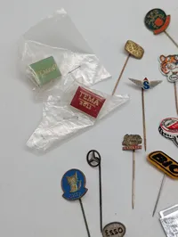 Vintage Collection of Advertising Lapel Pins and Spar Matchbox Labels