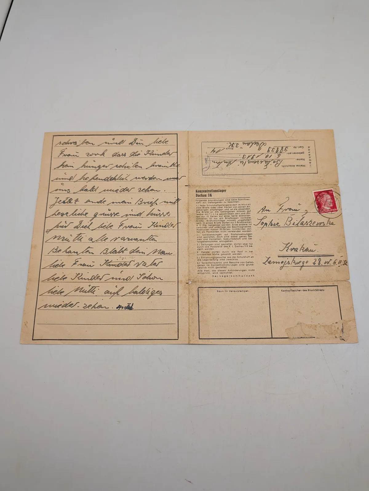 Dachau Koncentrationslejr postkort fra fange til Sophie Bilaszewska i Krakow